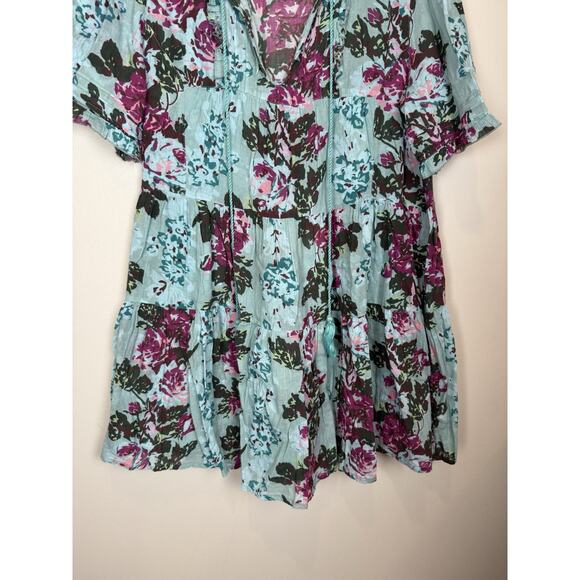 Sundance Turquoise Floral Provence Stroll Mini Dress Aqua V-neck Boho Sz PXL - Picture 4 of 8